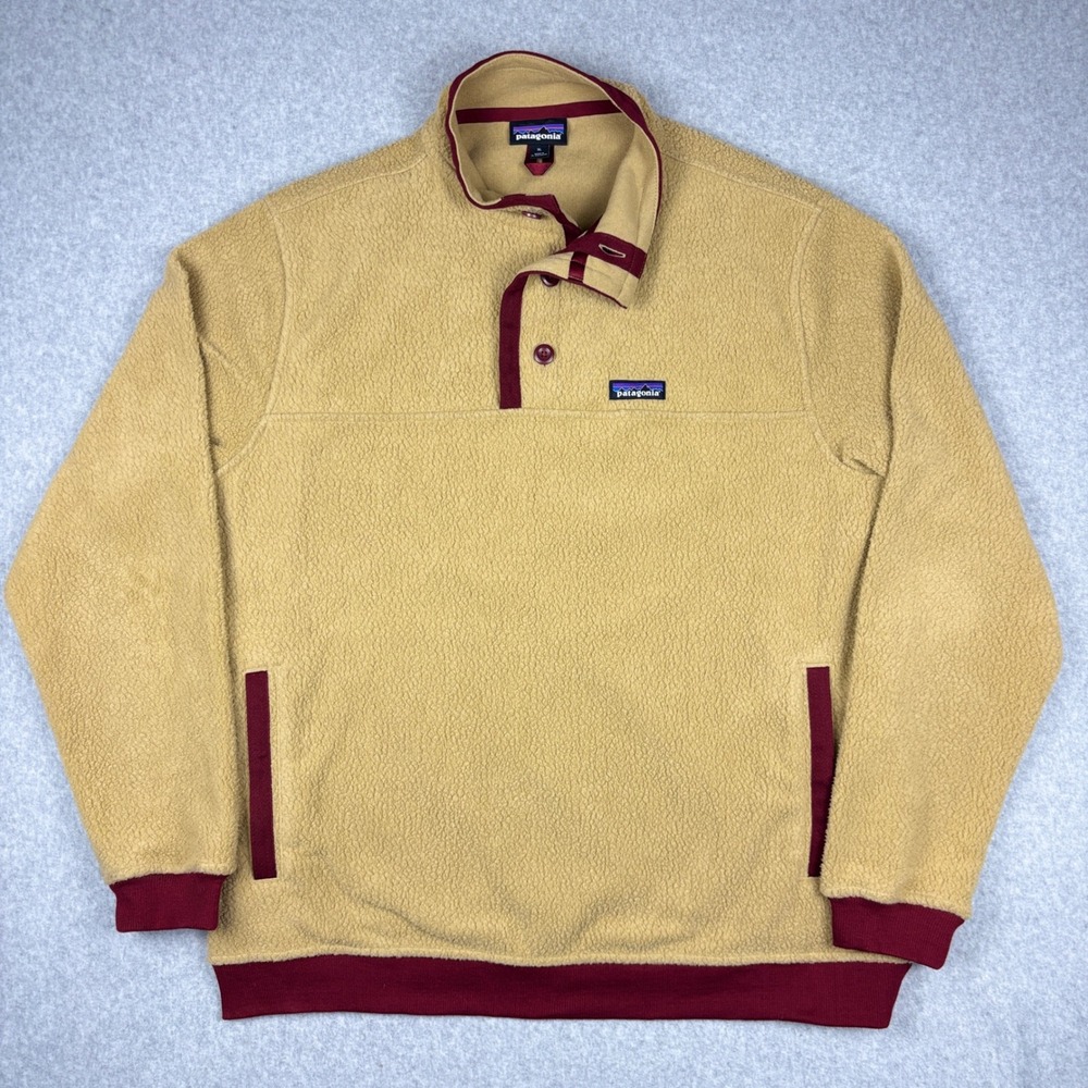 Patagonia Shearling Button Fleece Pullover Mens XL Tan Burgundy